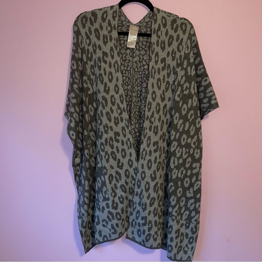 Chico's S/M Wool Blend Ruana Gray Leopard Print Kimono Cardigan Top